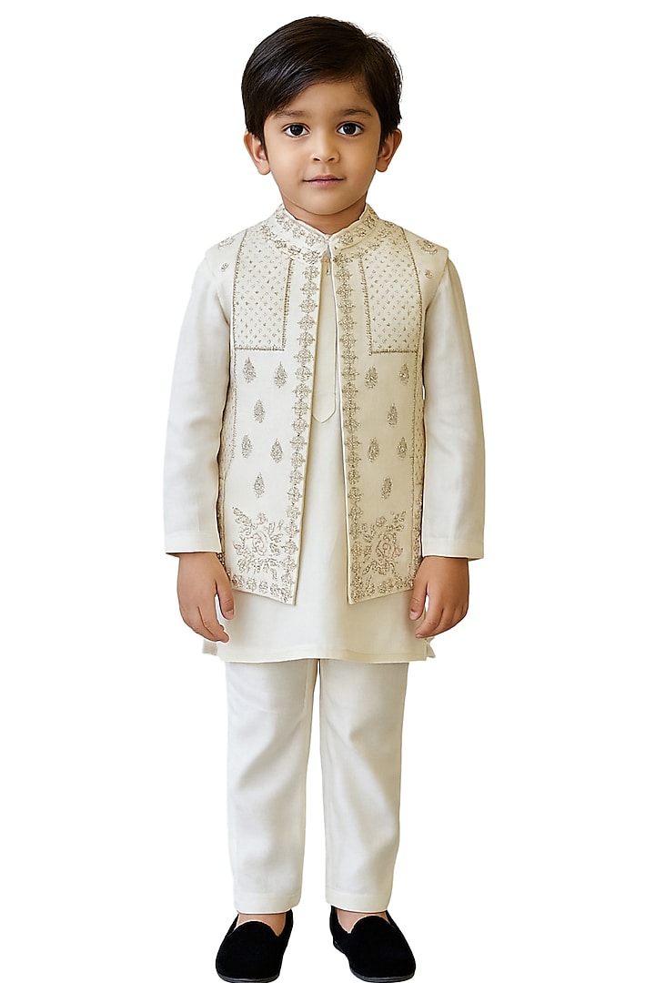 Ivory Bam Silk Embroidered Nehru Jacket Set For Boys by Paarsh - Littles at Pernia's Pop Up Shop