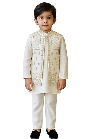Ivory Bam Silk Embroidered Nehru Jacket Set For Boys by Paarsh - Littles