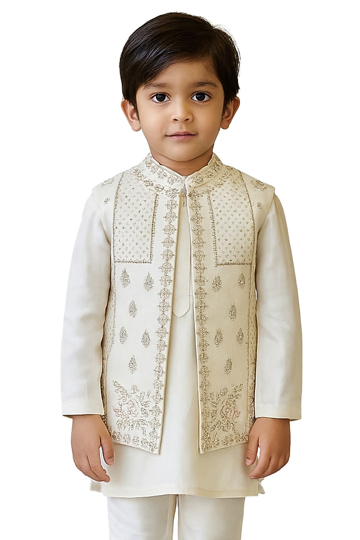 Ivory Bam Silk Embroidered Nehru Jacket Set For Boys by Paarsh - Littles at Pernia's Pop Up Shop