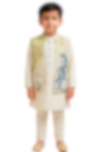 Mint Green Organza Botanical Embroidered Nehru Jacket Set For Boys by Paarsh - Littles at Pernia's Pop Up Shop