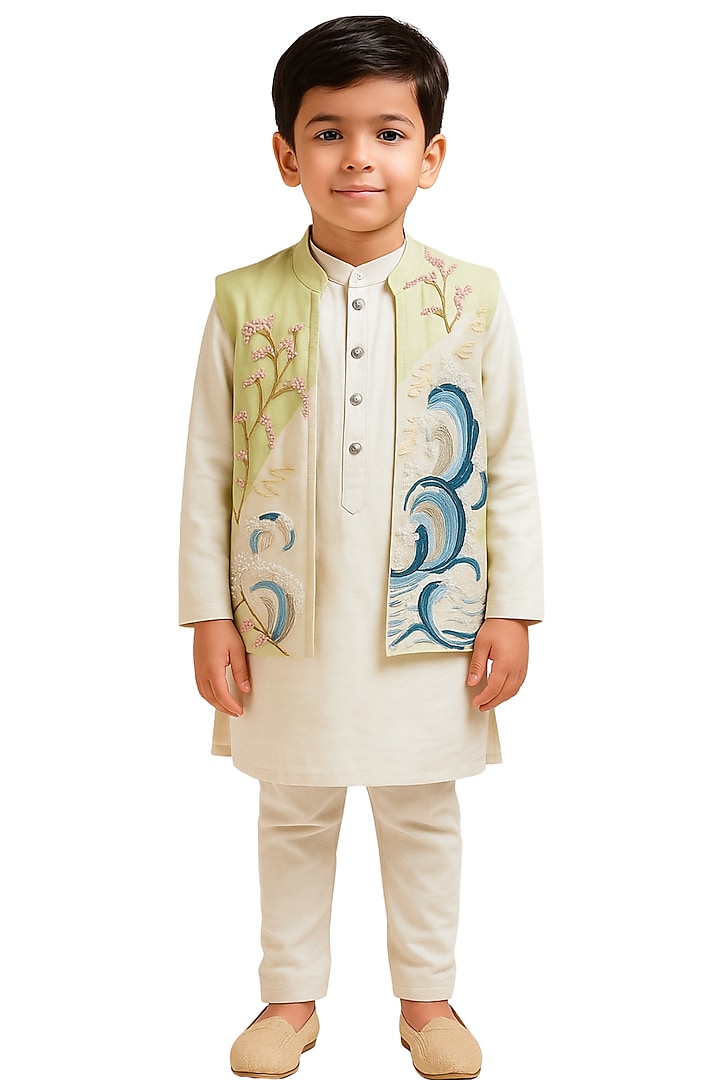 Mint Green Organza Botanical Embroidered Nehru Jacket Set For Boys by Paarsh - Littles at Pernia's Pop Up Shop