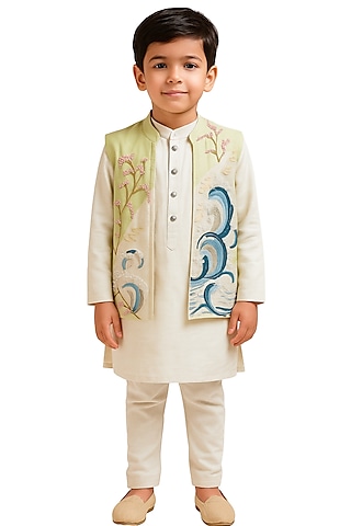Mint Green Organza Botanical Embroidered Nehru Jacket Set For Boys by Paarsh - Littles