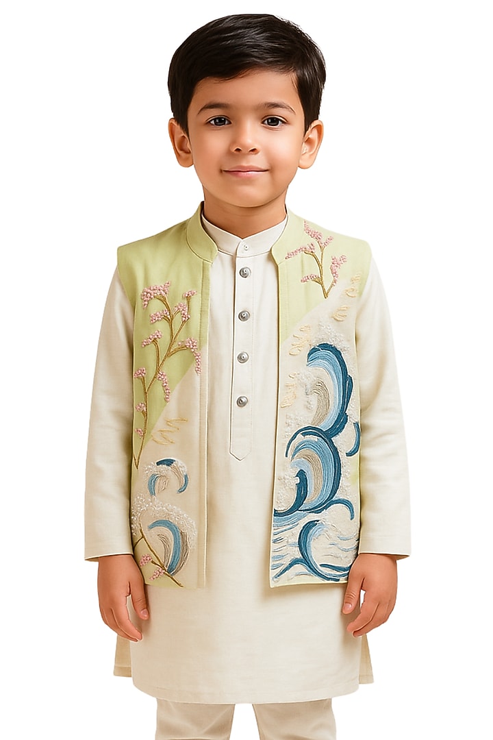 Mint Green Organza Botanical Embroidered Nehru Jacket Set For Boys by Paarsh - Littles at Pernia's Pop Up Shop