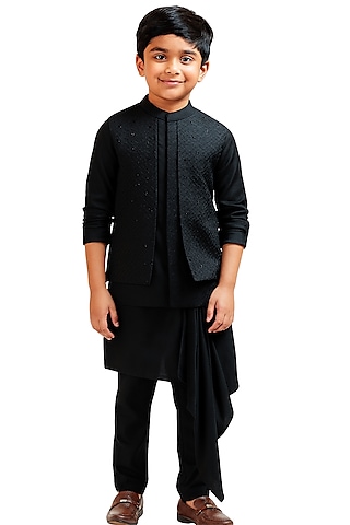 Black Suiting Texture Embroidered Nehru Jacket Set For Boys by Paarsh - Littles