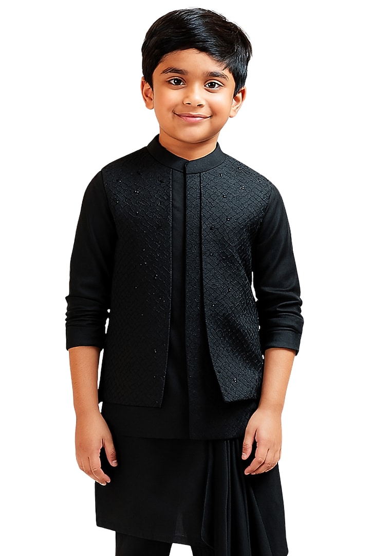 Black Suiting Texture Embroidered Nehru Jacket Set For Boys by Paarsh - Littles at Pernia's Pop Up Shop