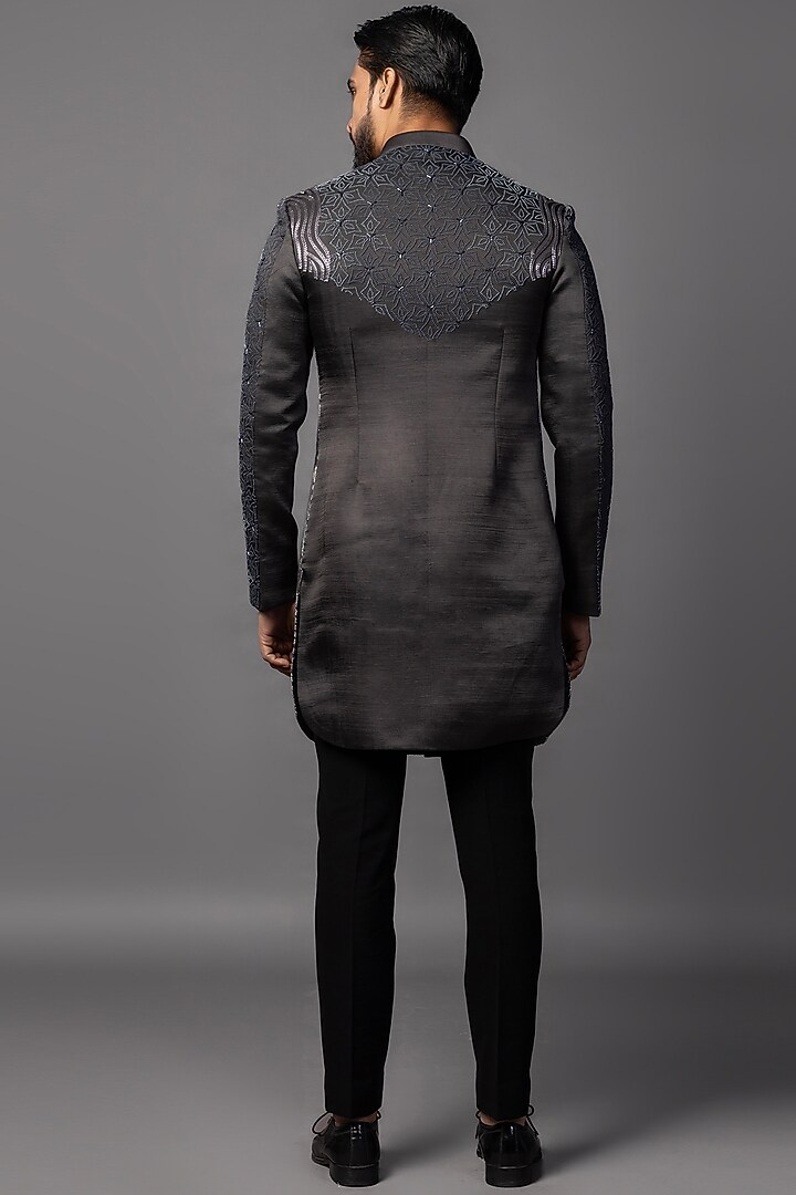 Deep Grey Charcoal Linen Satin Embroidered Achkan Set by PAARSH at Pernia's Pop Up Shop