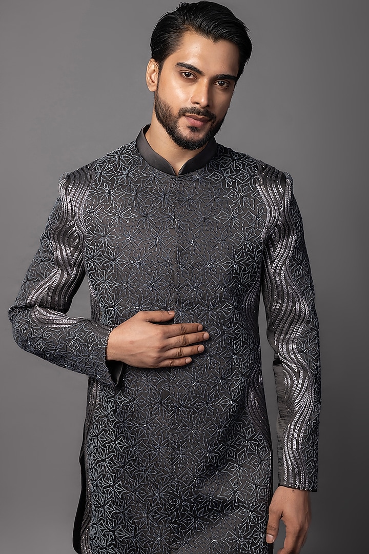 Deep Grey Charcoal Linen Satin Embroidered Achkan Set by PAARSH at Pernia's Pop Up Shop