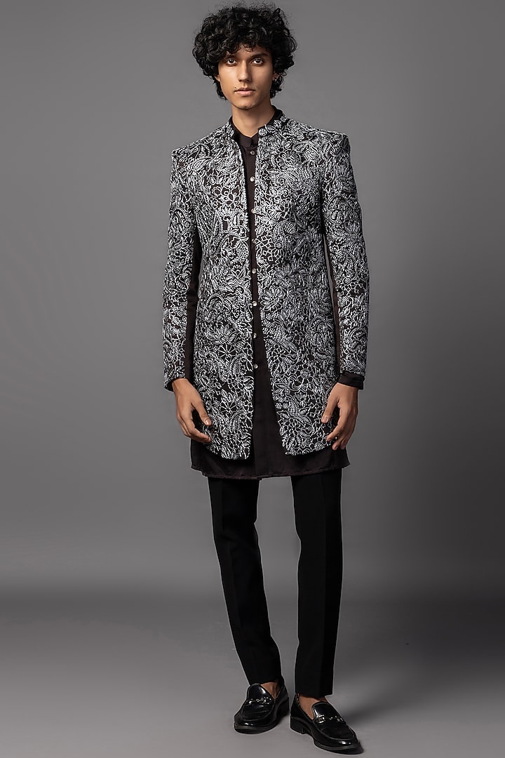 Truffle Brown Linen Satin Zari Embroidered Achkan Set by PAARSH at Pernia's Pop Up Shop