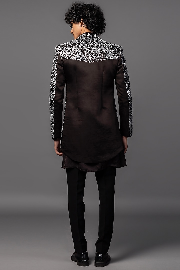 Truffle Brown Linen Satin Zari Embroidered Achkan Set by PAARSH at Pernia's Pop Up Shop