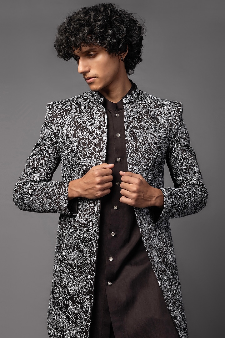 Truffle Brown Linen Satin Zari Embroidered Achkan Set by PAARSH at Pernia's Pop Up Shop