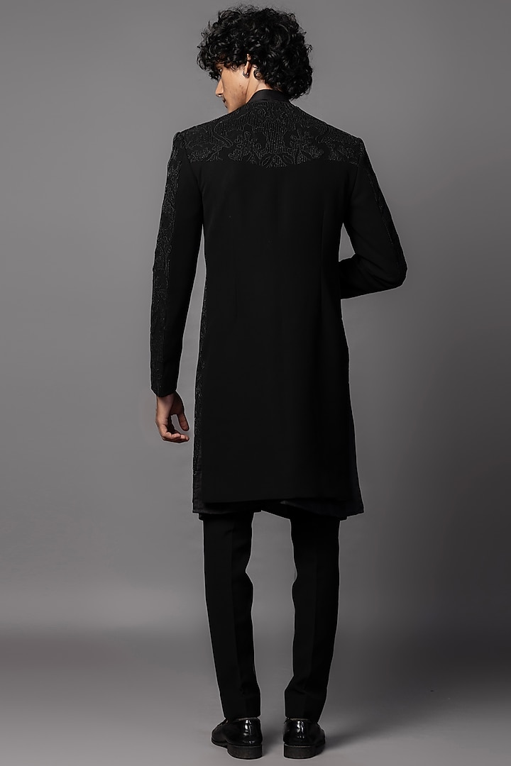 Black Linen Satin Cutdana Embroidered Open Achkan Jacket Set by PAARSH at Pernia's Pop Up Shop