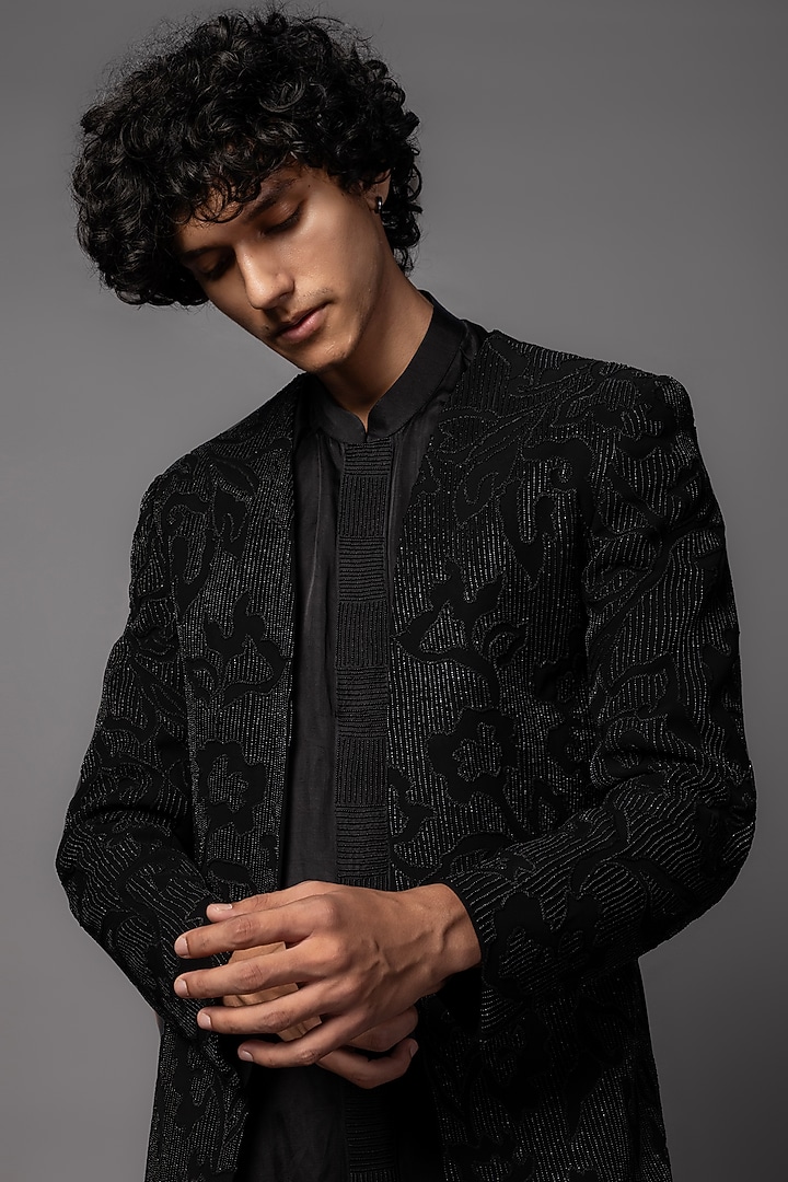 Black Linen Satin Cutdana Embroidered Open Achkan Jacket Set by PAARSH at Pernia's Pop Up Shop