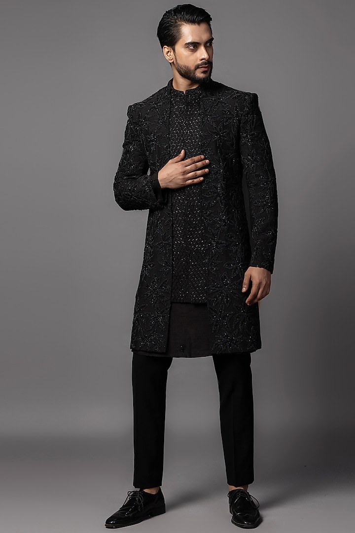 Black Bam Silk Cutdana Embroidered Achkan Set by PAARSH at Pernia's Pop Up Shop