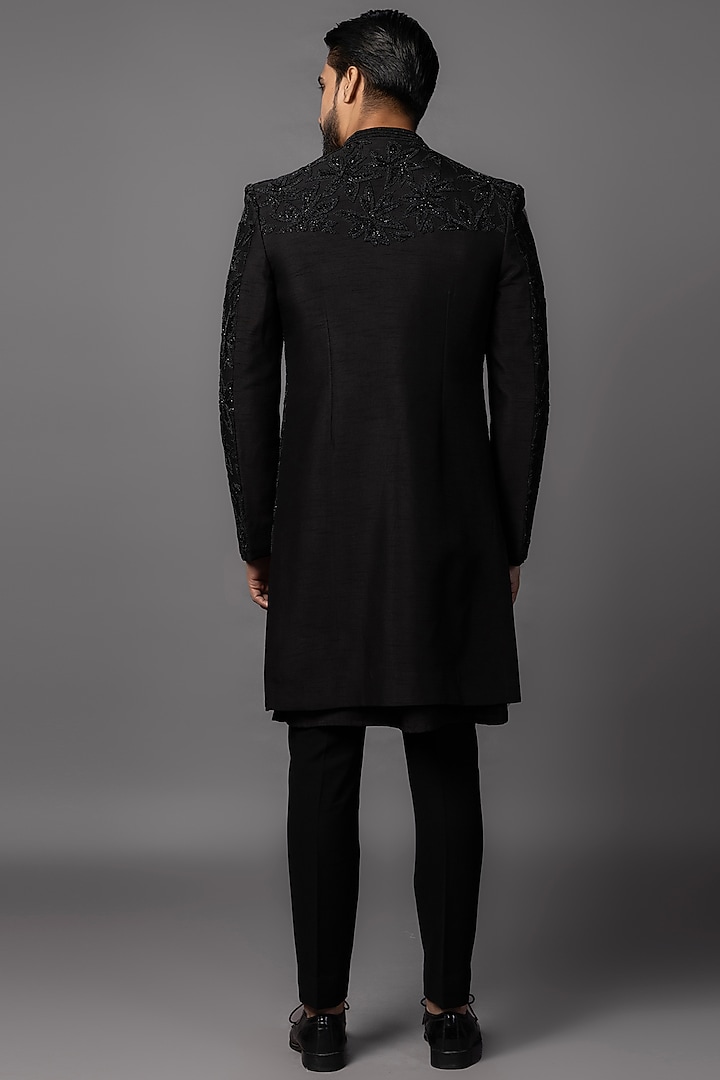 Black Bam Silk Cutdana Embroidered Achkan Set by PAARSH at Pernia's Pop Up Shop