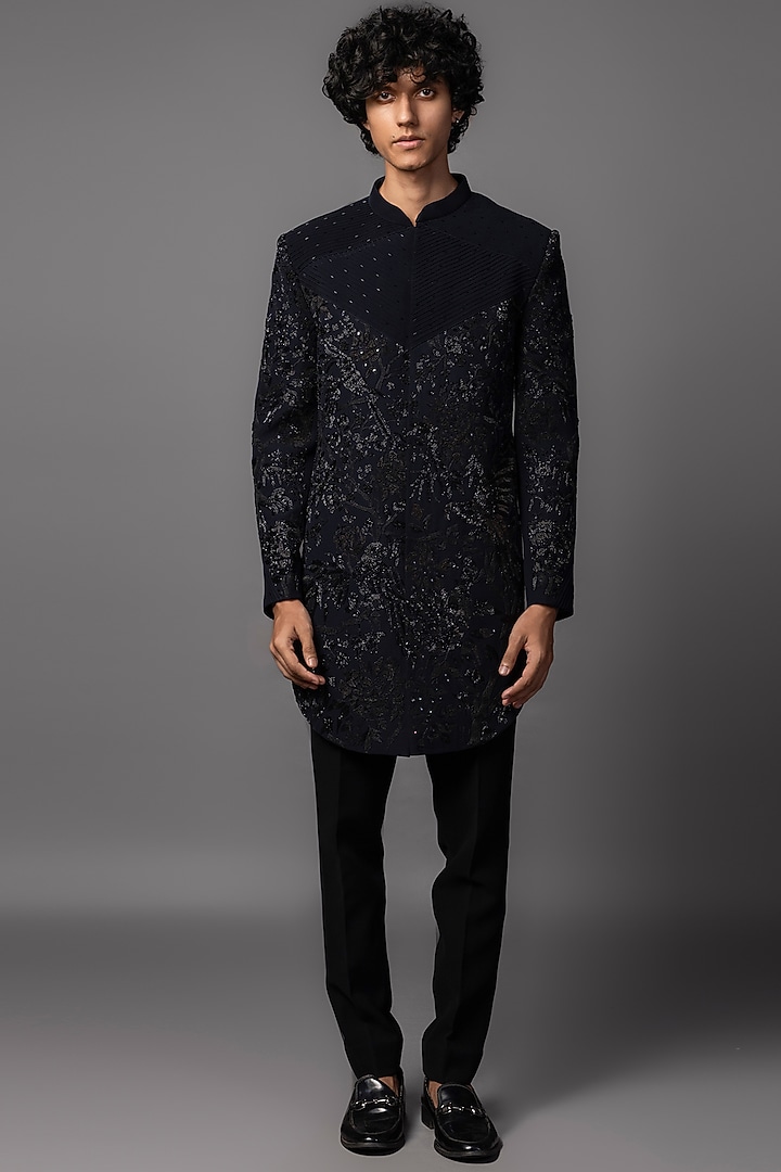 Navy Blue Stretchable Dabka Embroidered Achkan Set by PAARSH at Pernia's Pop Up Shop