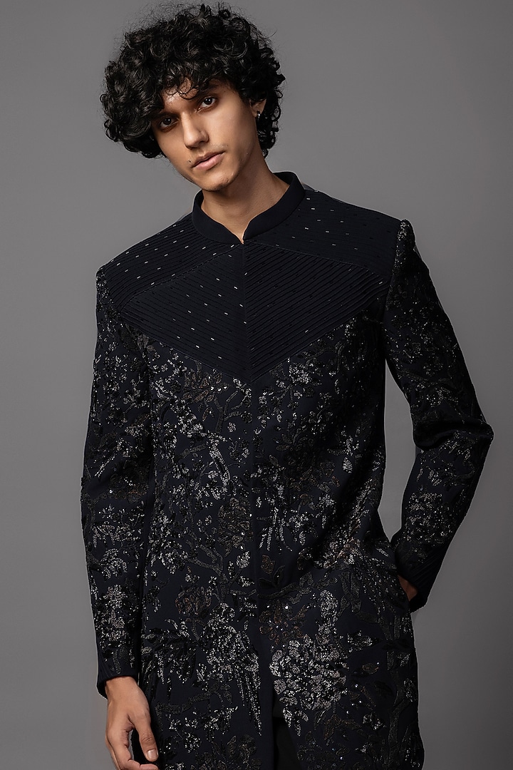 Navy Blue Stretchable Dabka Embroidered Achkan Set by PAARSH at Pernia's Pop Up Shop