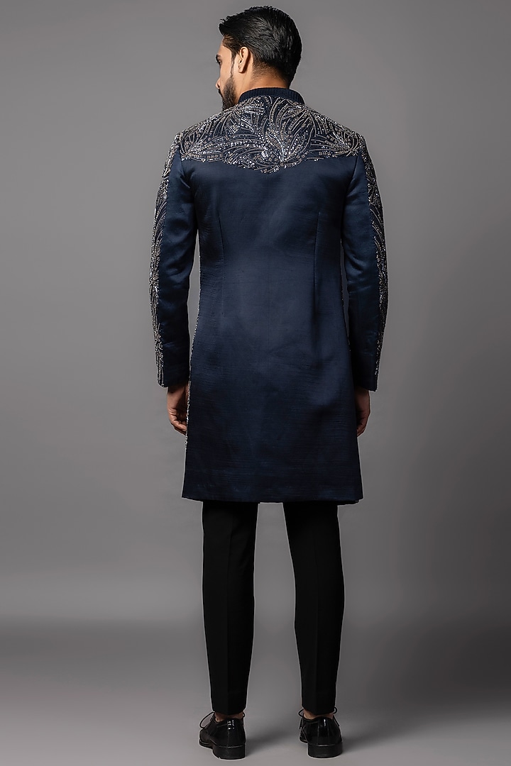 Navy Blue Linen Satin Sequins Embroidered Achkan Set by PAARSH at Pernia's Pop Up Shop
