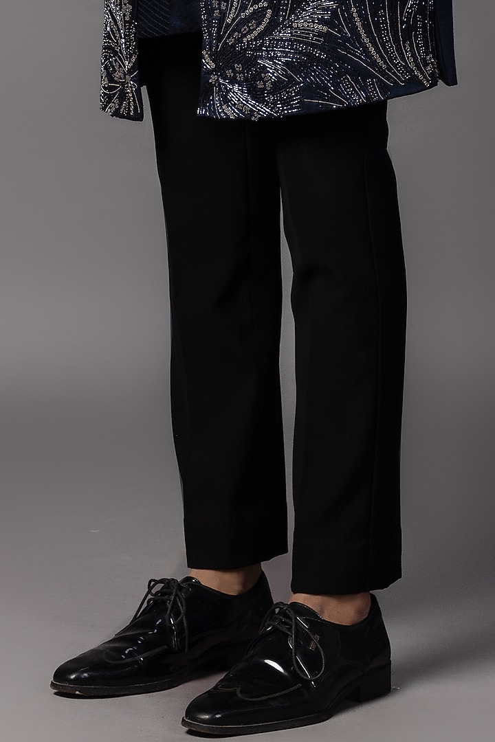 Navy Blue Linen Satin Sequins Embroidered Achkan Set by PAARSH at Pernia's Pop Up Shop