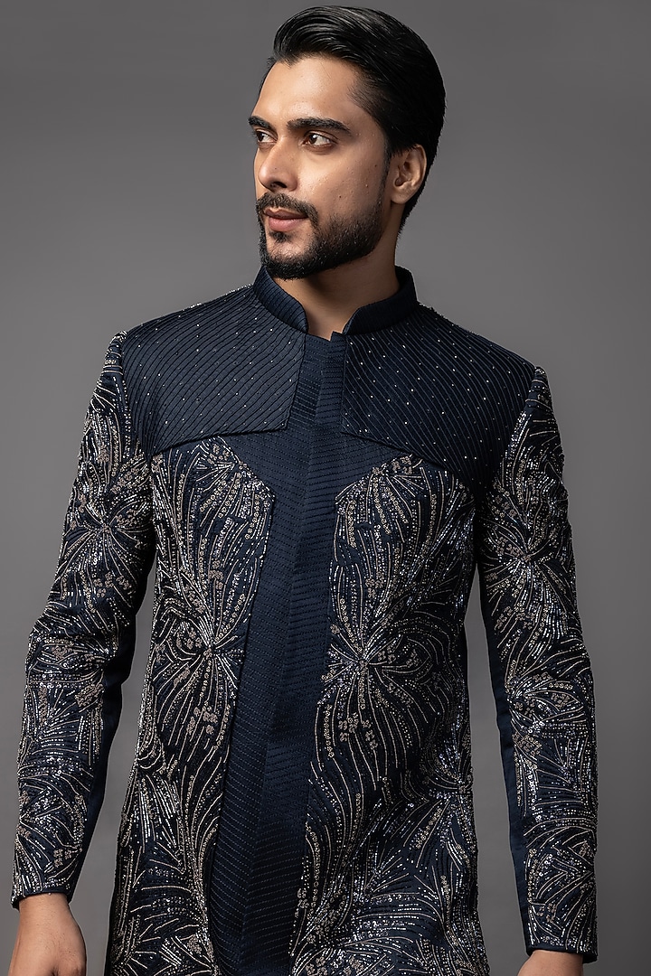 Navy Blue Linen Satin Sequins Embroidered Achkan Set by PAARSH at Pernia's Pop Up Shop