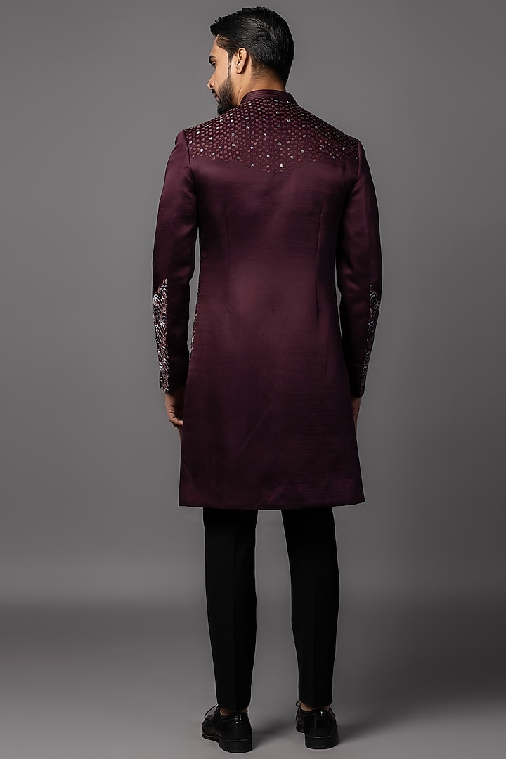 Wine Linen Satin Resham Embroidered Achkan Set by PAARSH at Pernia's Pop Up Shop