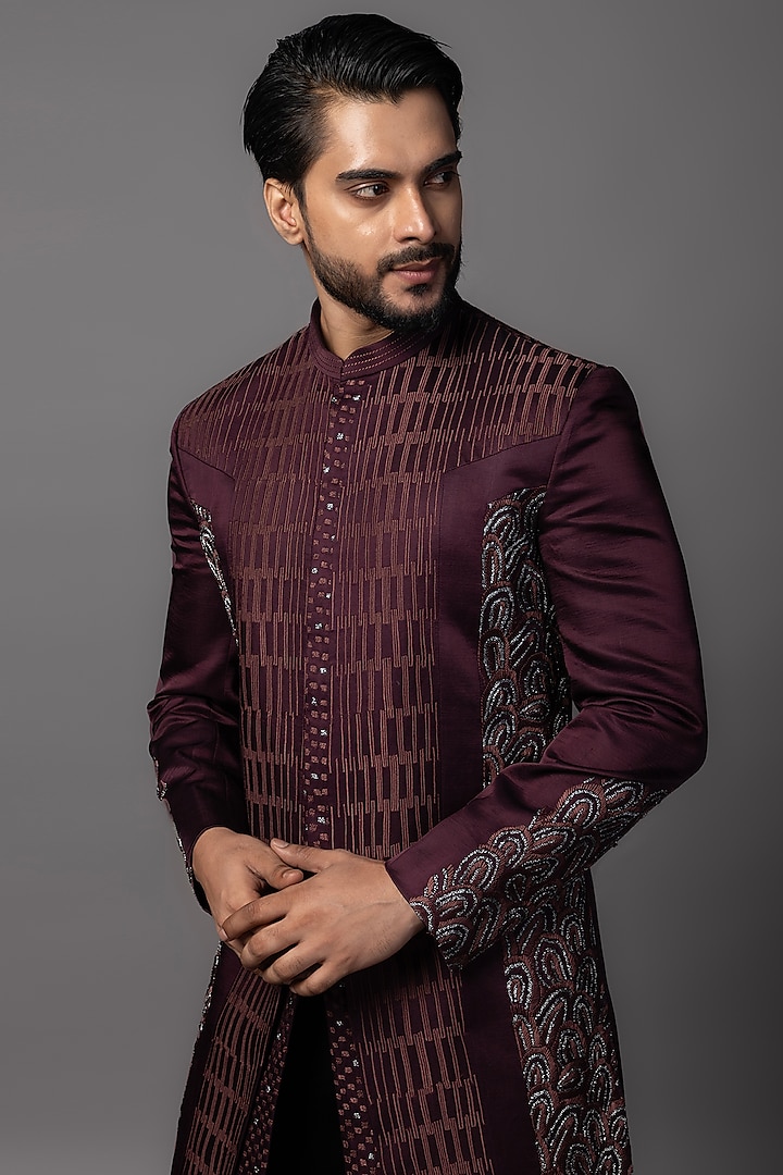 Wine Linen Satin Resham Embroidered Achkan Set by PAARSH at Pernia's Pop Up Shop