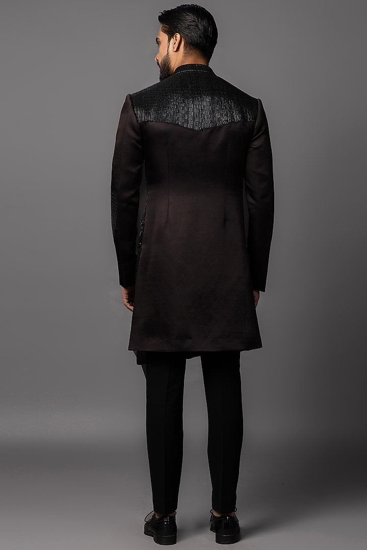 Stone Brown Linen Satin Resham Embroidered Asymmetric Achkan Set by PAARSH at Pernia's Pop Up Shop