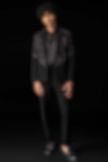 Black Stretchable Fabric Embroidered Tuxedo Set by PAARSH at Pernia's Pop Up Shop