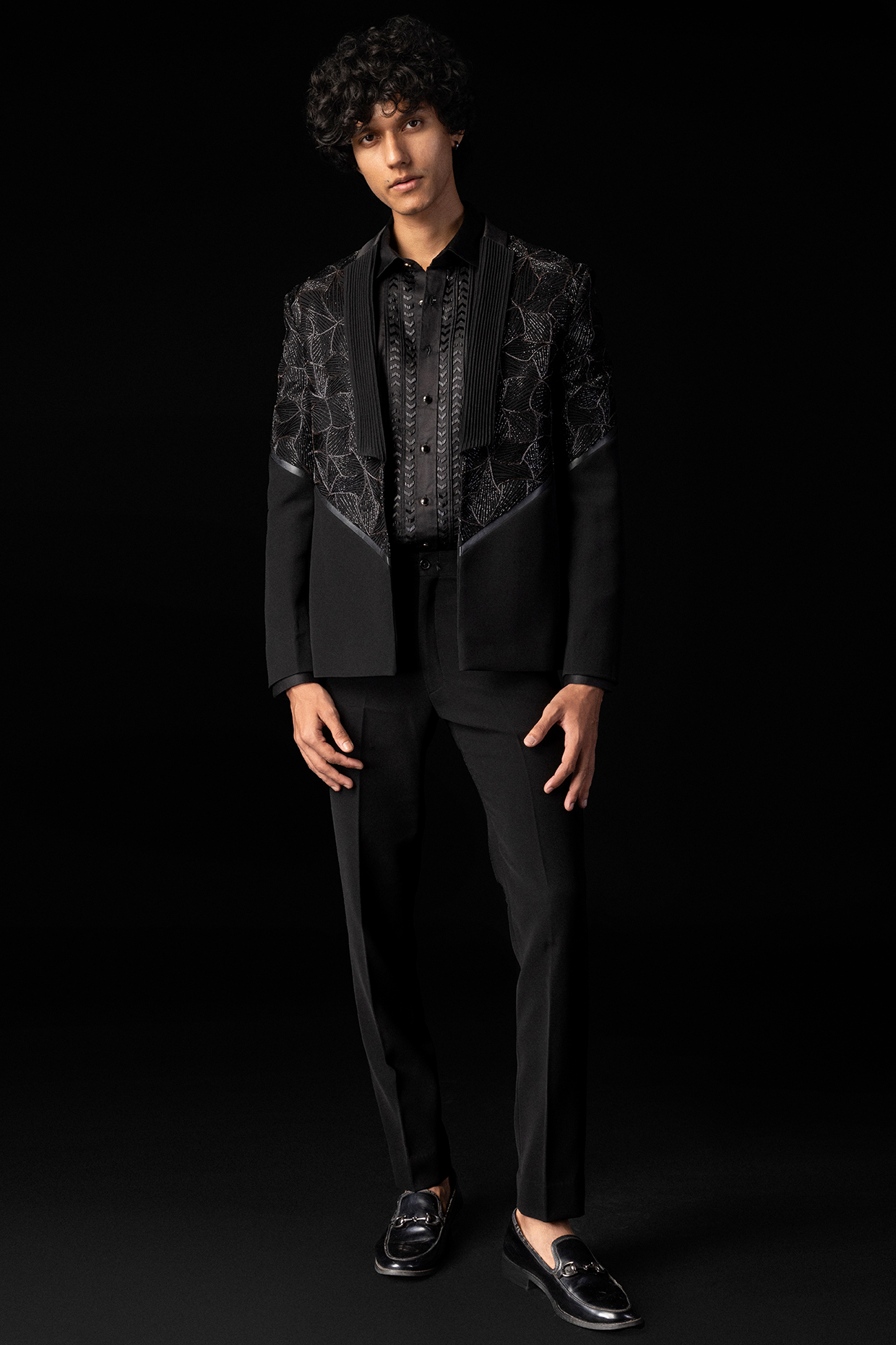 Black Stretchable Fabric Embroidered Tuxedo Set by PAARSH at Pernia's Pop Up Shop