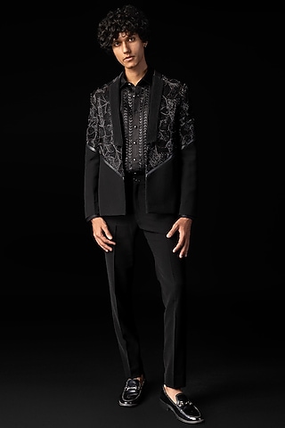Black Stretchable Fabric Embroidered Tuxedo Set by PAARSH