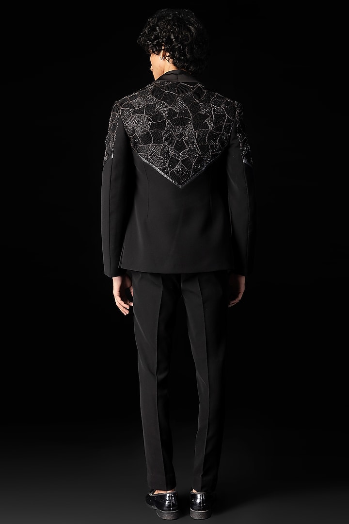 Black Stretchable Fabric Embroidered Tuxedo Set by PAARSH at Pernia's Pop Up Shop
