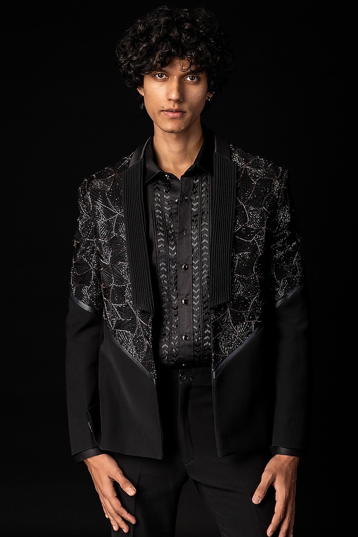 Black Stretchable Fabric Embroidered Tuxedo Set by PAARSH at Pernia's Pop Up Shop