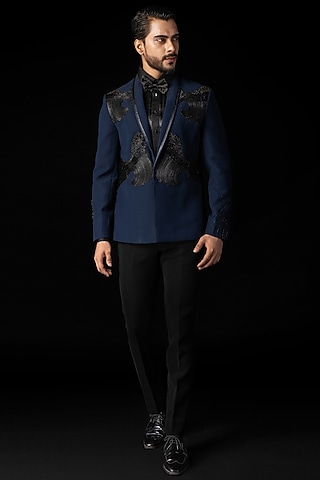 Navy Blue Stretchable Fabric Applique Embroidered Tuxedo Set by PAARSH