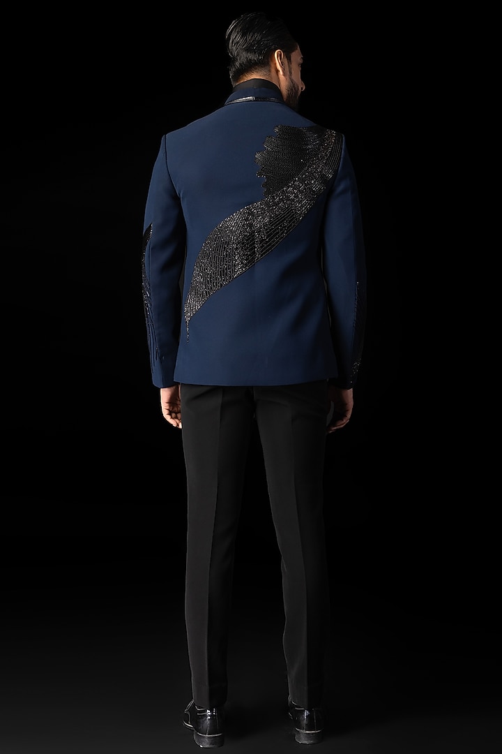 Navy Blue Stretchable Fabric Applique Embroidered Tuxedo Set by PAARSH at Pernia's Pop Up Shop