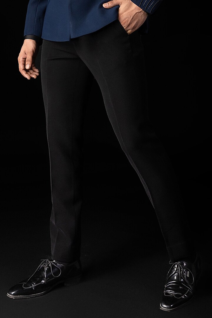 Navy Blue Stretchable Fabric Applique Embroidered Tuxedo Set by PAARSH at Pernia's Pop Up Shop