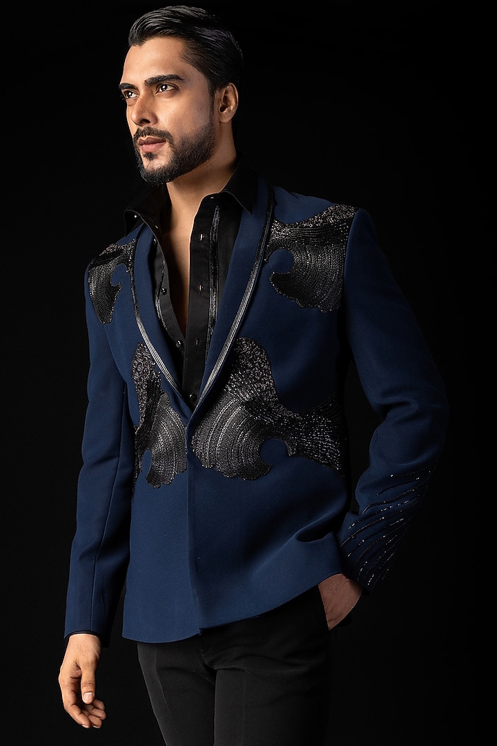 Navy Blue Stretchable Fabric Applique Embroidered Tuxedo Set by PAARSH at Pernia's Pop Up Shop