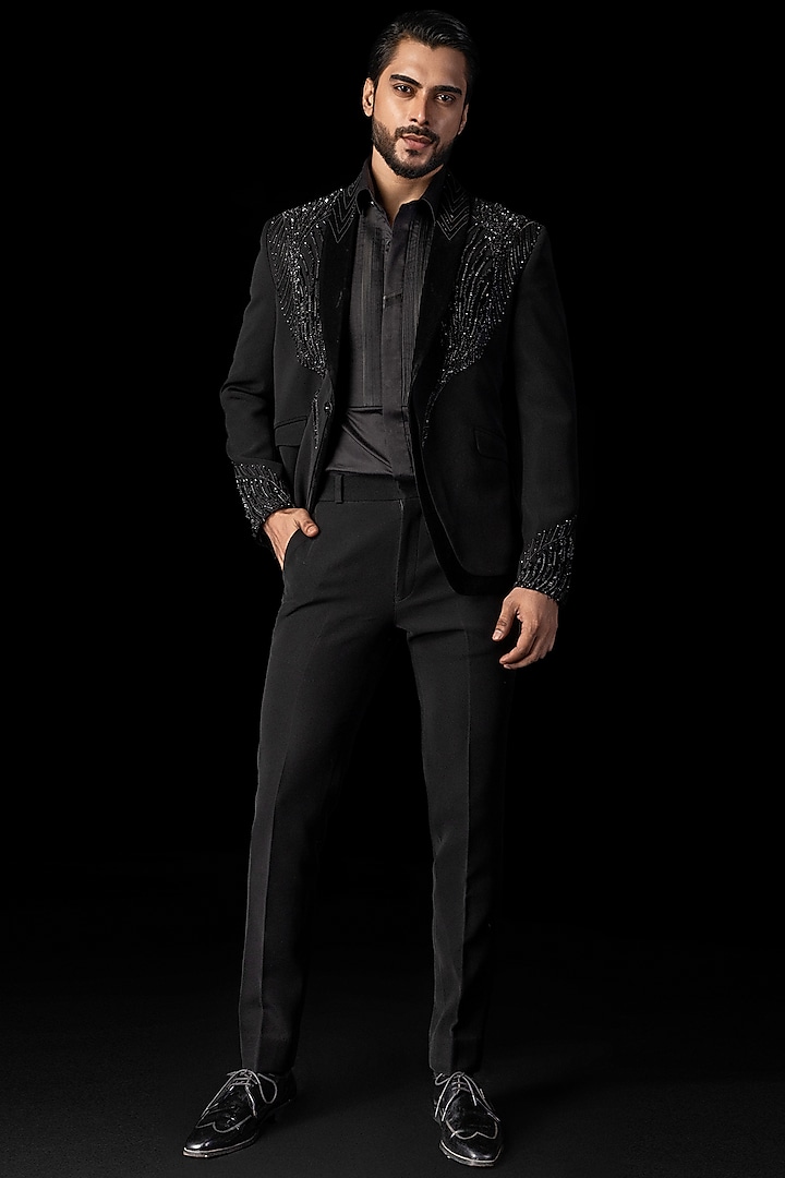 Navy Blue Stretchable Fabric 3D Embroidered Tuxedo Set by PAARSH at Pernia's Pop Up Shop