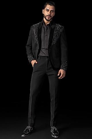Navy Blue Stretchable Fabric 3D Embroidered Tuxedo Set by PAARSH