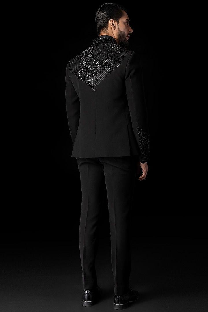 Navy Blue Stretchable Fabric 3D Embroidered Tuxedo Set by PAARSH at Pernia's Pop Up Shop