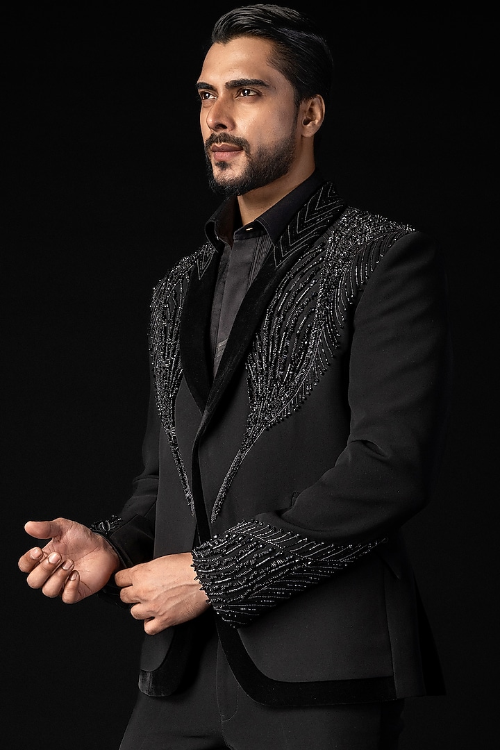 Navy Blue Stretchable Fabric 3D Embroidered Tuxedo Set by PAARSH at Pernia's Pop Up Shop