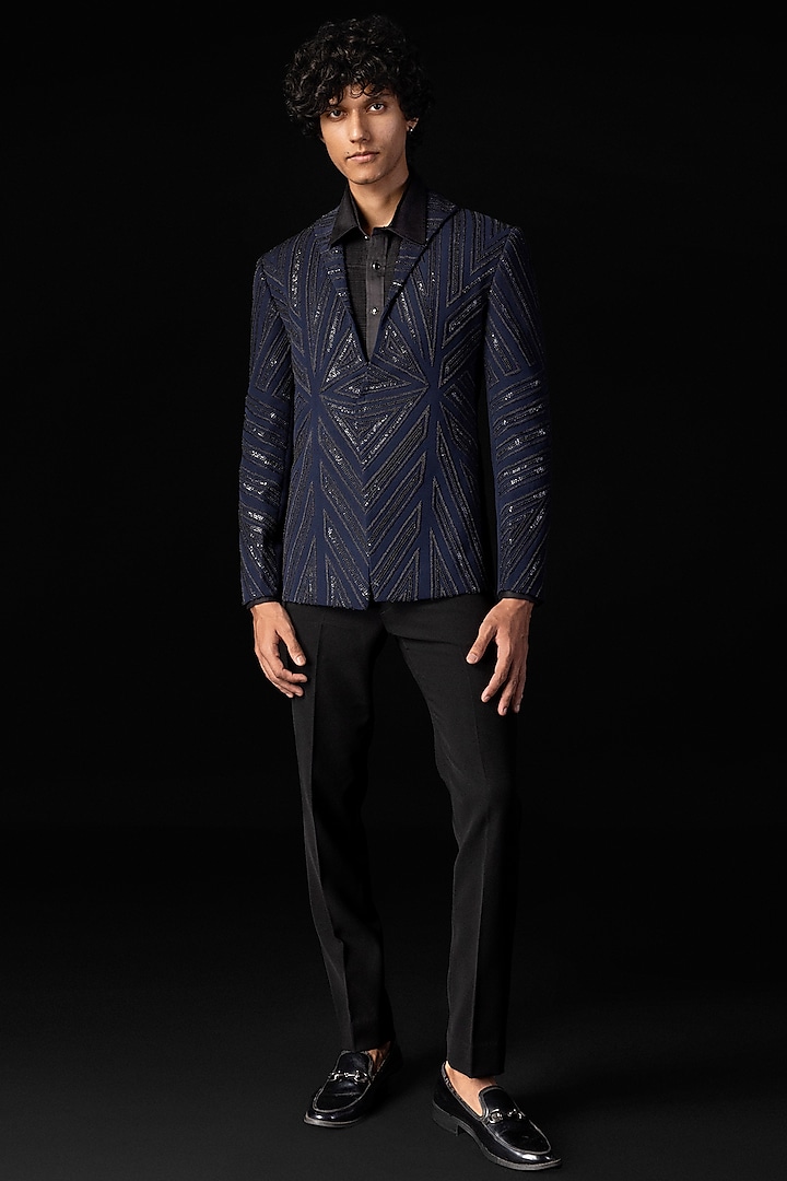 Navy Blue Stretchable Fabric Cutdana Embroidered Tuxedo Set by PAARSH