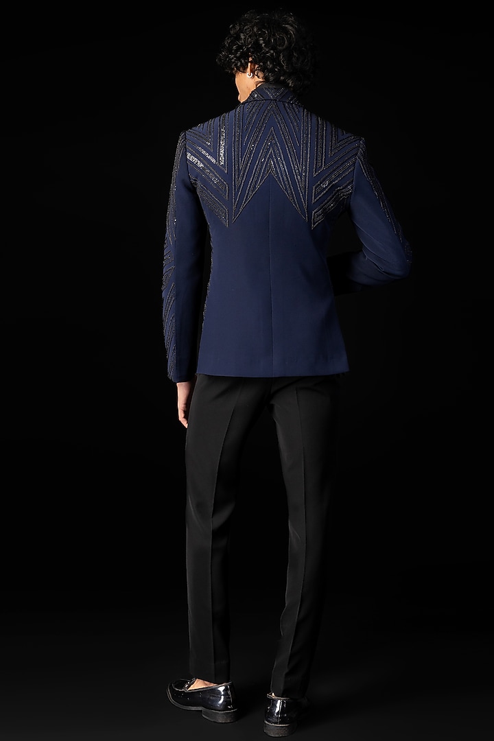 Navy Blue Stretchable Fabric Cutdana Embroidered Tuxedo Set by PAARSH at Pernia's Pop Up Shop
