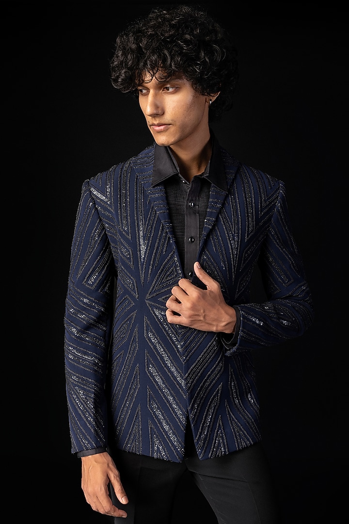 Navy Blue Stretchable Fabric Cutdana Embroidered Tuxedo Set by PAARSH at Pernia's Pop Up Shop