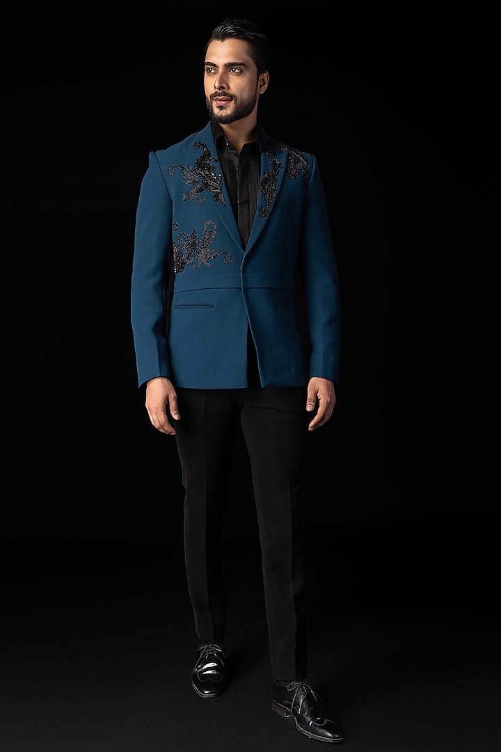 Teal Blue Stretchable Fabric Cutdana Embroidered Tuxedo Set by PAARSH