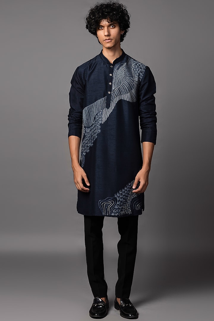 Navy Blue Bam Silk Abstract Embroidered Kurta Set by PAARSH at Pernia's Pop Up Shop