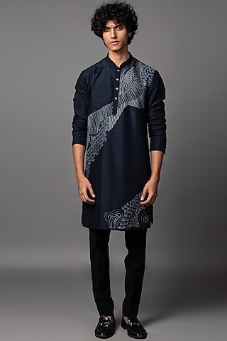 Navy Blue Bam Silk Abstract Embroidered Kurta Set by paarsh