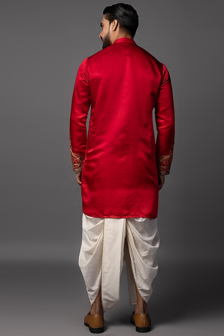 Red Linen Satin Meenakari Embroidered Kurta Set by PAARSH at Pernia's Pop Up Shop