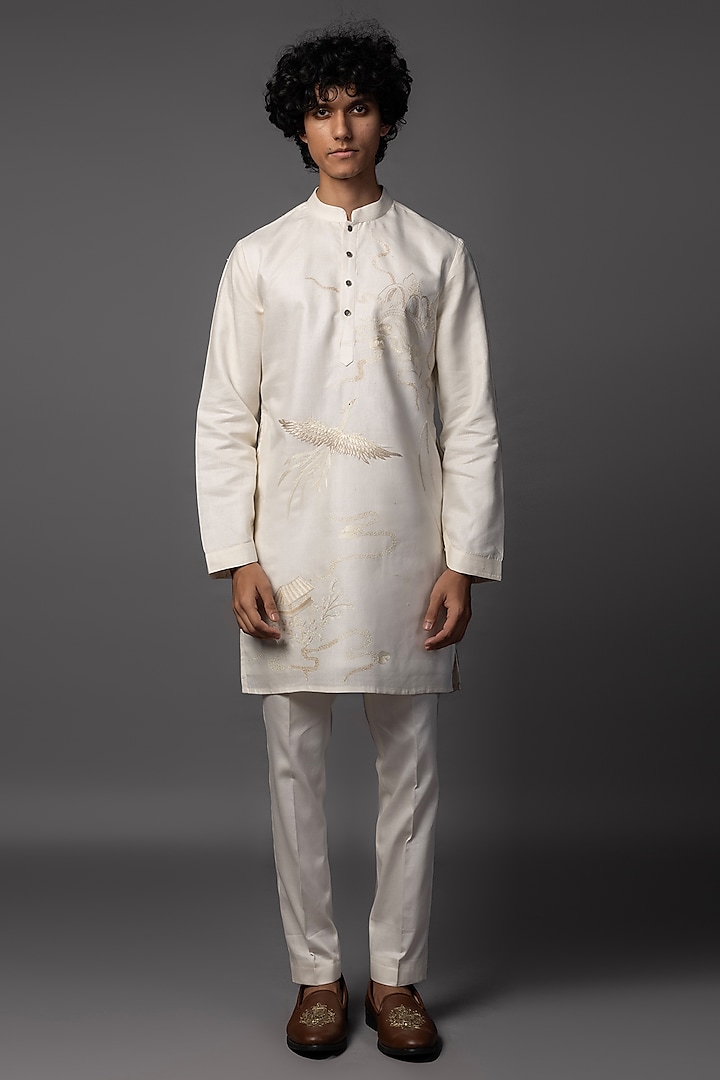 Ivory Bam Silk Thread Embroidered Kurta Set by PAARSH