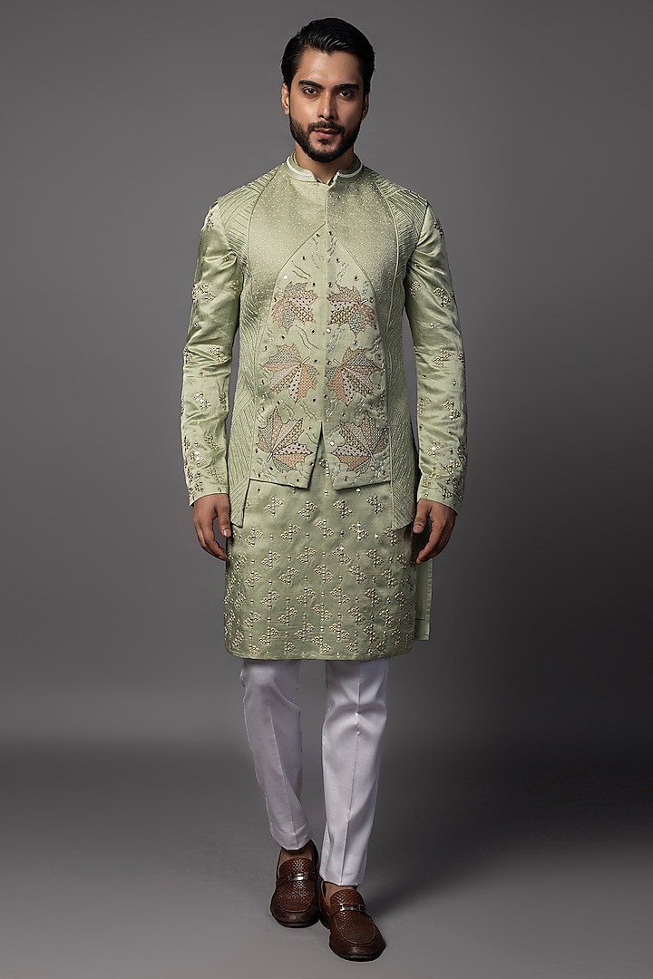 Mint Green Linen Satin Mirror Work Kurta Set by PAARSH