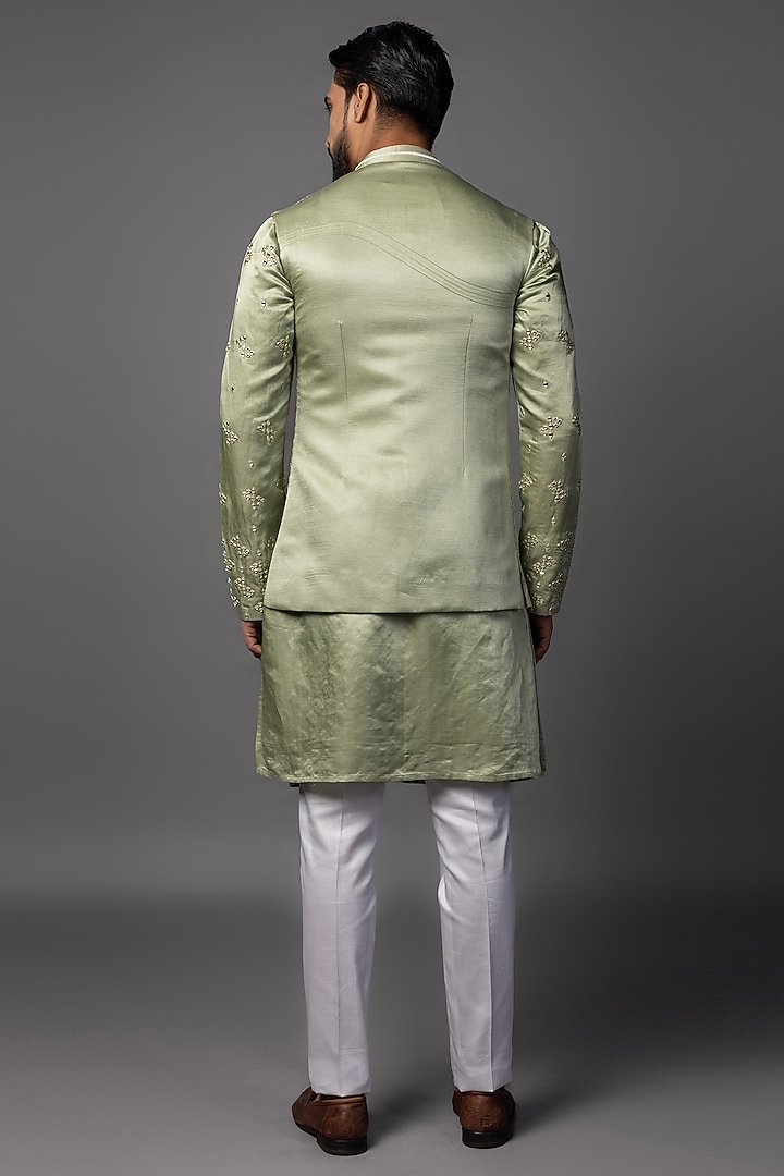 Mint Green Linen Satin Mirror Work Kurta Set by PAARSH at Pernia's Pop Up Shop