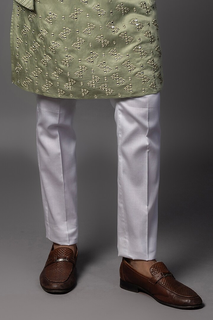 Mint Green Linen Satin Mirror Work Kurta Set by PAARSH at Pernia's Pop Up Shop